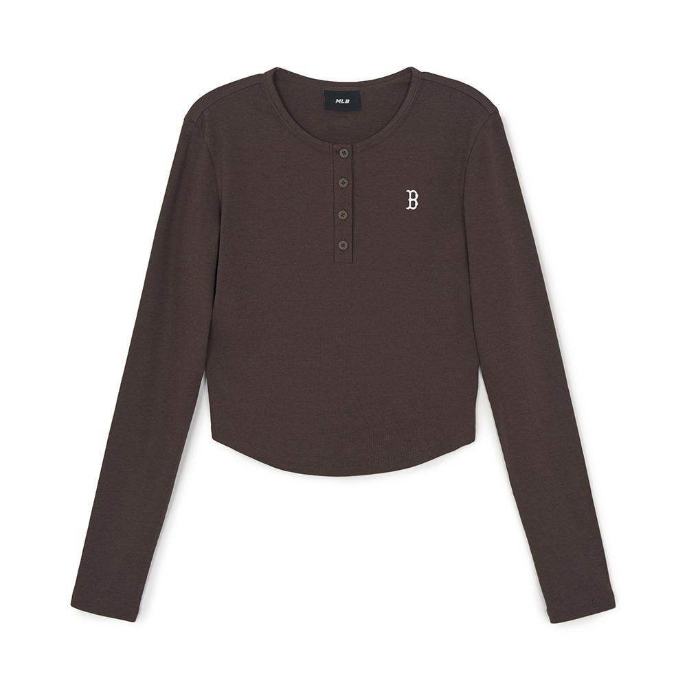 เสื้อยืดแขนยาว Women's Vintage Slim Ribbed Henley Neck Long Sleeve T-Shirts Boston Red Sox