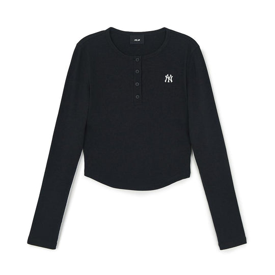 เสื้อยืดแขนยาว Women's Vintage Slim Ribbed Henley Neck Long Sleeve T-Shirts New York Yankees