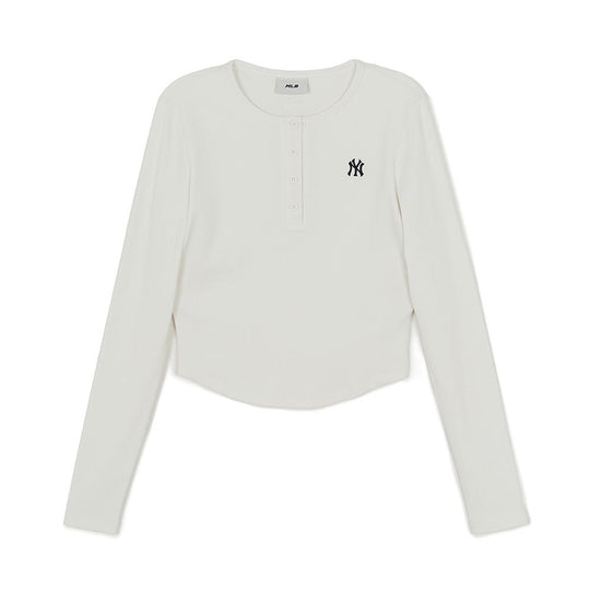 เสื้อยืดแขนยาว Women's Vintage Slim Ribbed Henley Neck Long Sleeve T-Shirts New York Yankees