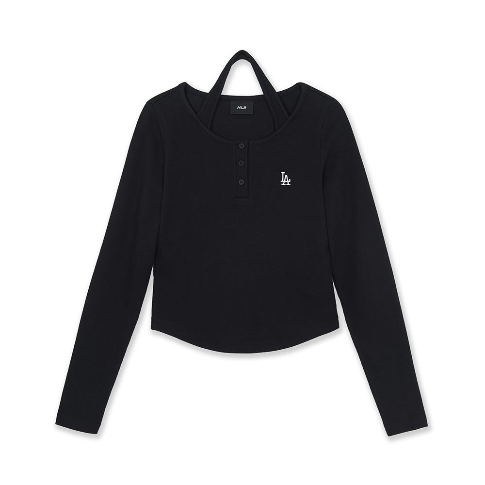 Basic Henley Neck Layered Slim Semi Crop Long Sleeve T-Shirts Los Angeles Dodgers