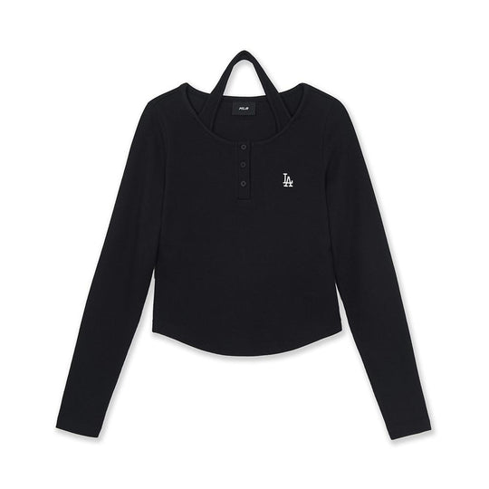 Basic Henley Neck Layered Slim Semi Crop Long Sleeve T-Shirts Los Angeles Dodgers