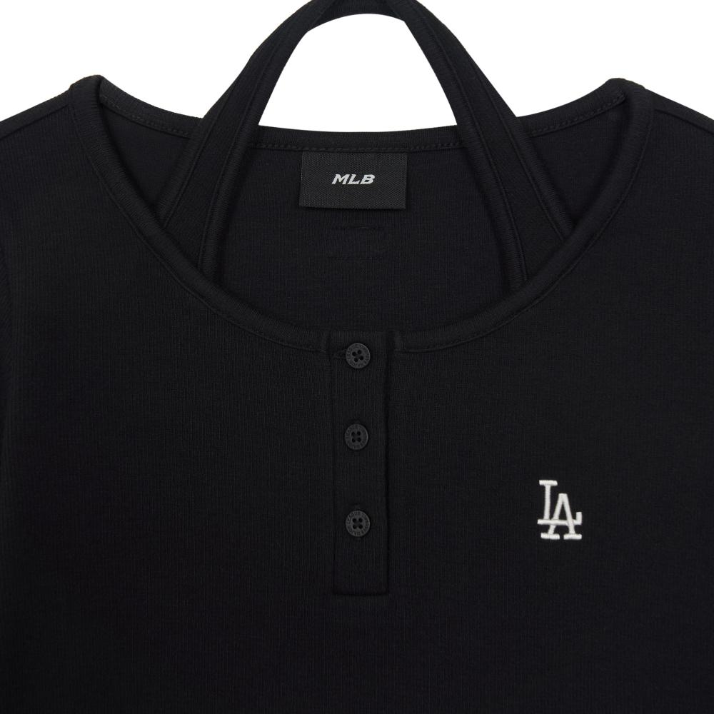 Basic Henley Neck Layered Slim Semi Crop Long Sleeve T-Shirts Los Angeles Dodgers