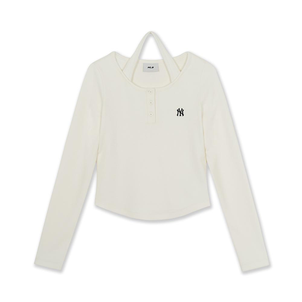 Basic Henley Neck Layered Slim Semi Crop Long Sleeve T-Shirts New York Yankees