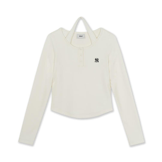 Basic Henley Neck Layered Slim Semi Crop Long Sleeve T-Shirts New York Yankees