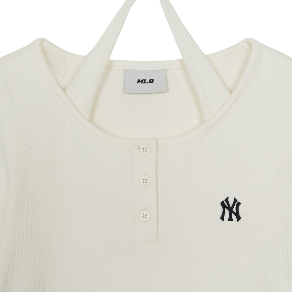 Basic Henley Neck Layered Slim Semi Crop Long Sleeve T-Shirts New York Yankees