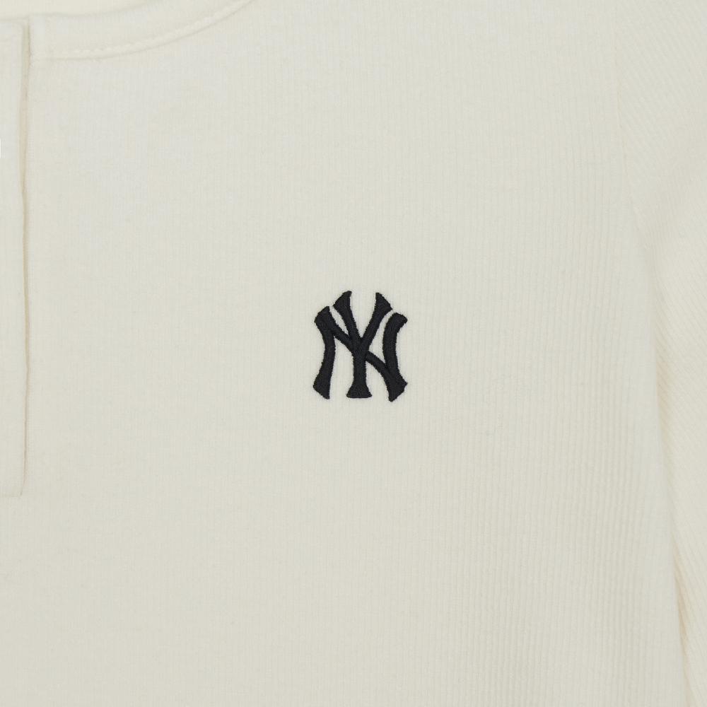 Basic Henley Neck Layered Slim Semi Crop Long Sleeve T-Shirts New York Yankees