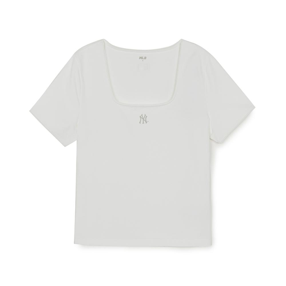 เสื้อยืด  Basic Lace Square Neck Slim Semi Crop T-Shirts New York Yankees