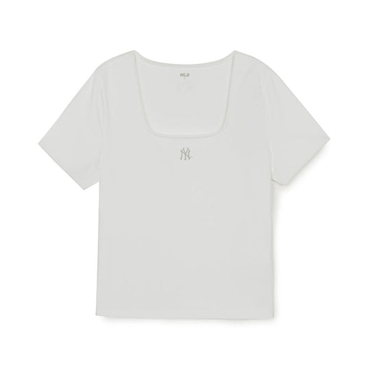 เสื้อยืด  Basic Lace Square Neck Slim Semi Crop T-Shirts New York Yankees