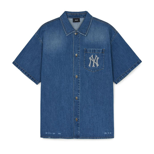 เสื้อเชิ้ต  Basic Damaged Mega Logo Short-Sleeve Denim Shirt New York Yankees